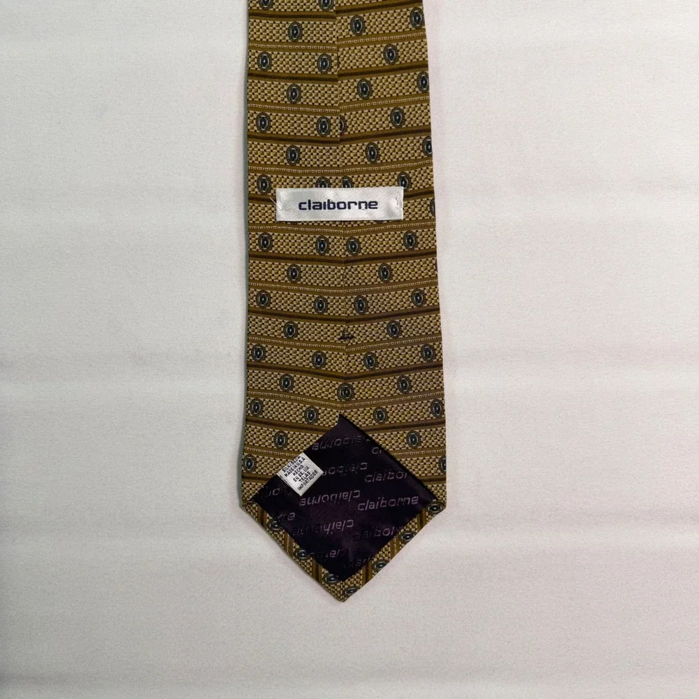 Claiborne Mens Silk Tie Gold Brown Geometric Medallion Striped Made in USA
